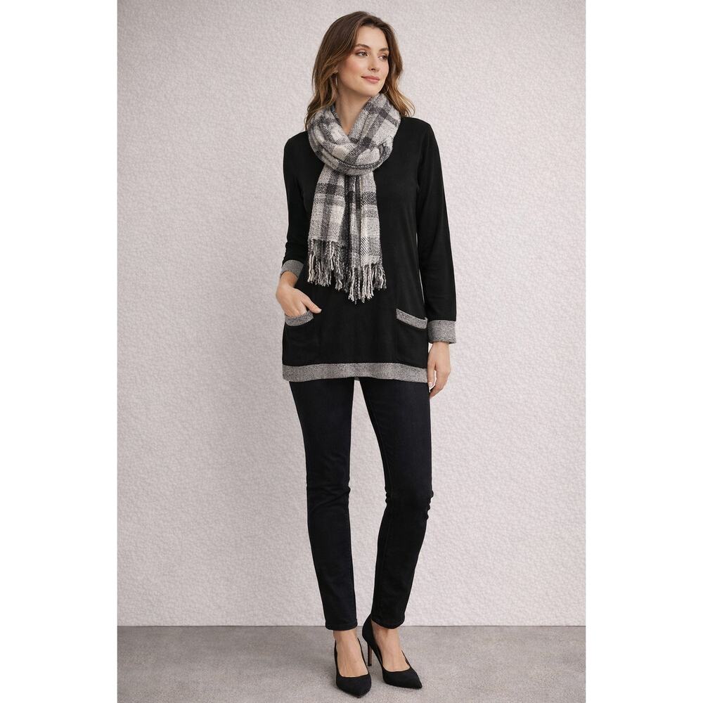 Womens Black Work Outfit Gray Trim Top Black Pants Plaid Scarf 3 Piece